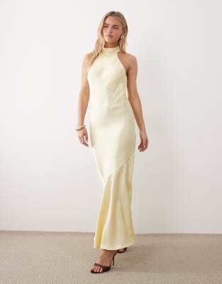 Vila Petite Halter Neck Backless Satin Maxi Dress In Yellow
