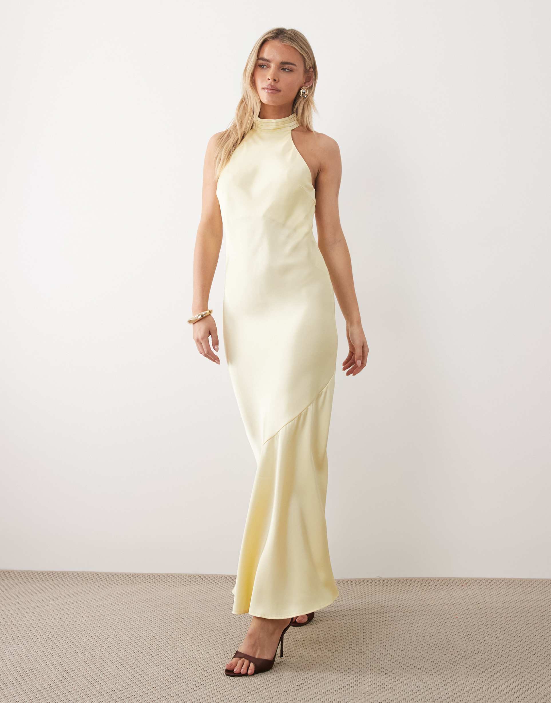 vila petite halter neck backless satin maxi dress in pastel yellow