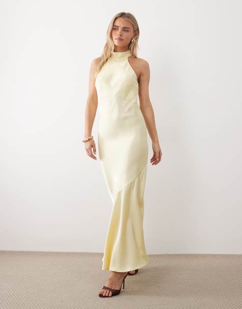 Vila Petite halter neck backless satin maxi dress in pastel yellow