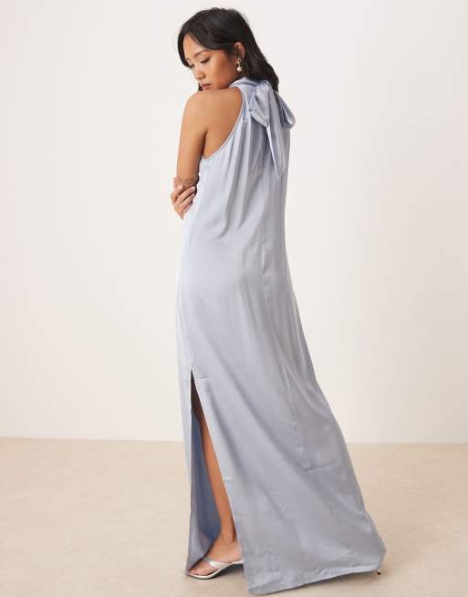 VILA Petite halterneck maxi dress with tie neck in pastel blue