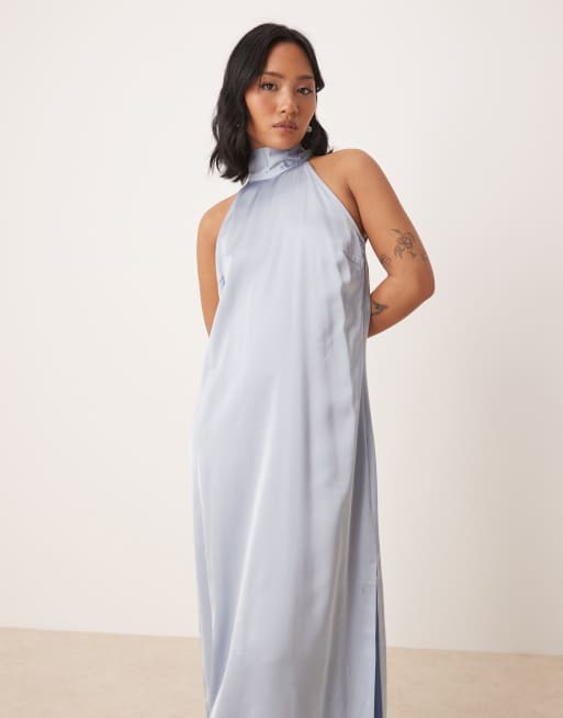 VILA Petite halterneck maxi dress with tie neck in pastel blue