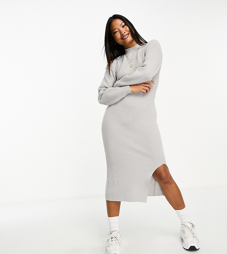 high neck knitted midi dress with side split in light gray
