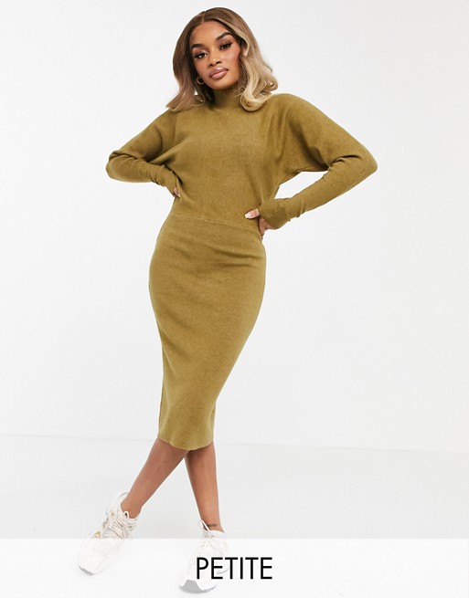 Vila Petite high neck long sleeve knitted dress in brown