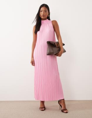 Vila Petite High Neck Plisse Maxi Dress In Pink