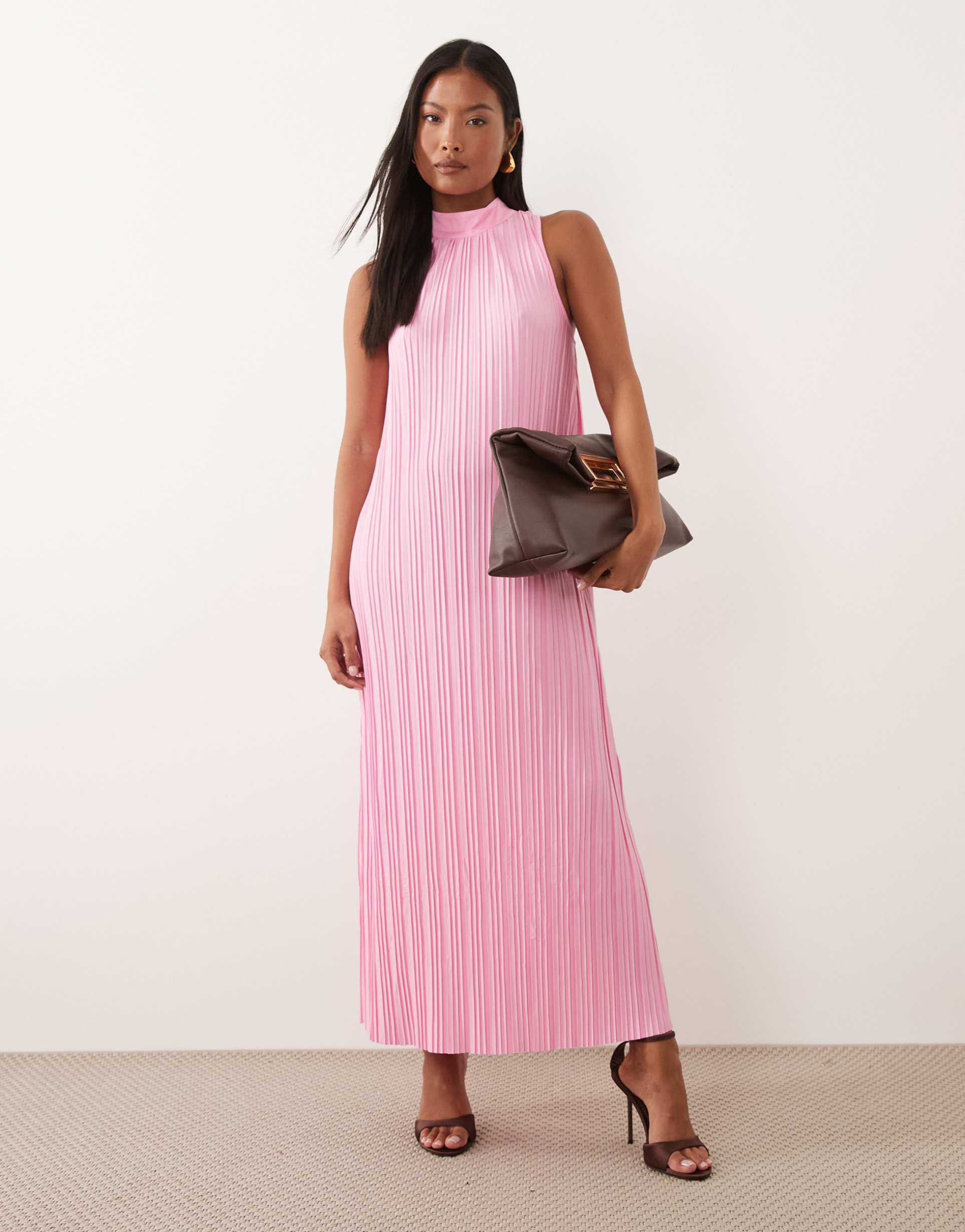 vila petite high neck plisse maxi dress in light pink