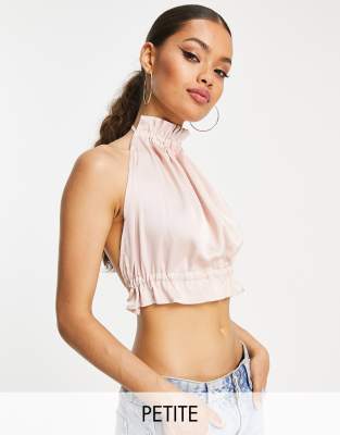 Vila Petite high neck satin crop top co-ord with tie back in pink