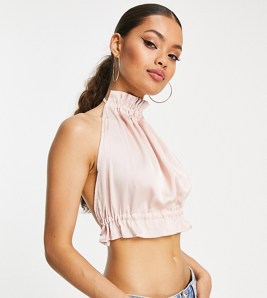 Vila Petite high neck satin crop top co-ord with tie back in pink