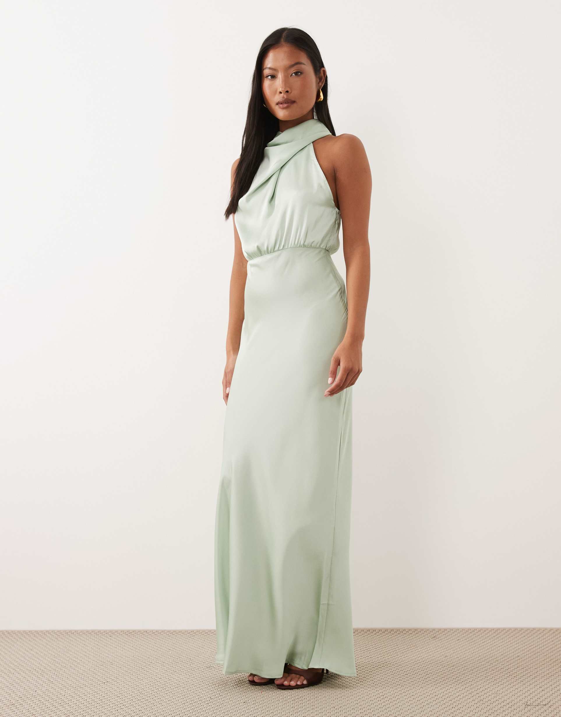 vila petite high neck satin maxi dress in sage green