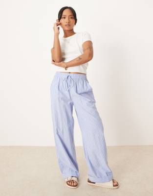high rise wide leg striped dad pants with turn up cuff in blue