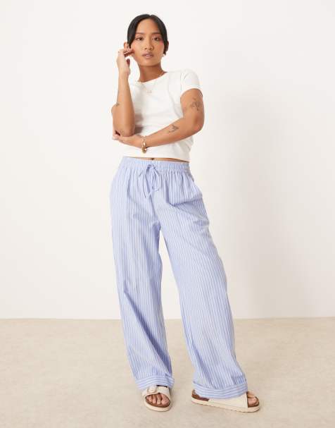 VILA Petite high rise wide leg striped dad pants with turn up cuff in blue - view 1