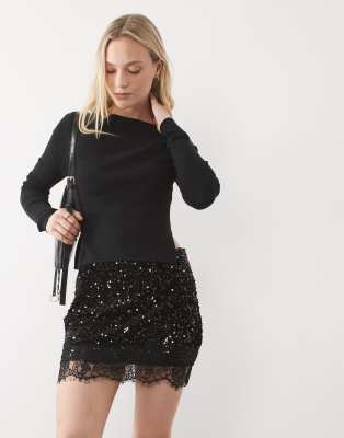 Vila Petite High Waist Sequin & Velour Mini Skirt With Lace Trim In Black