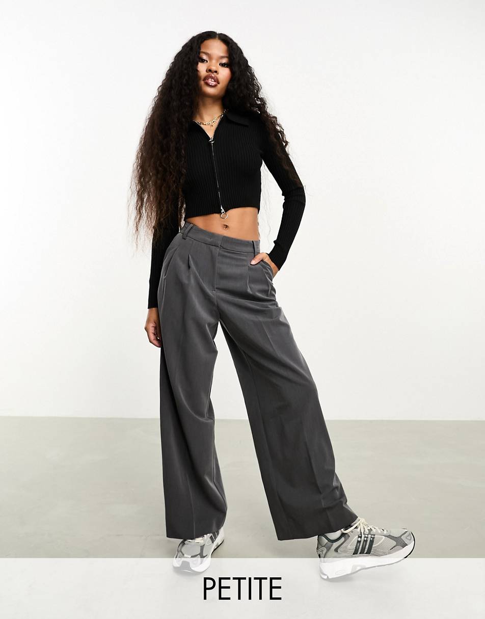 Vila Petite high waisted pleat front trousers in grey