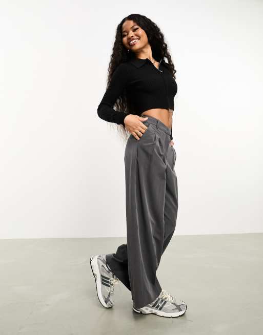 Womens Contrast Waistband Pleat Front Wide Leg Trousers - Grey - 16, Grey, £20.00