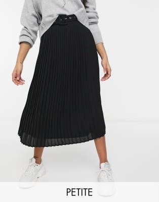 Vila Petite high waisted pleated skirt with belt in black | ASOS