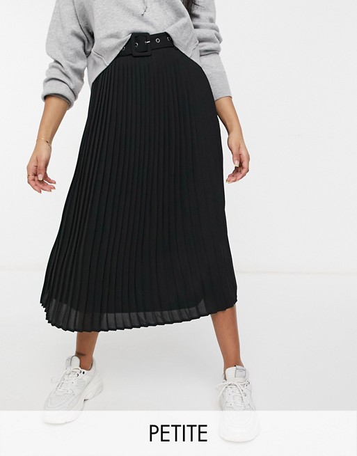 Vila Petite high waisted pleated skirt with belt in black