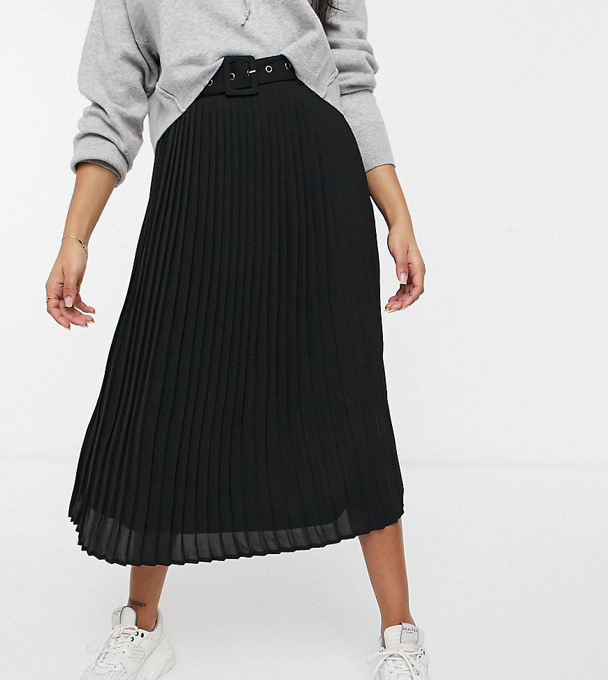 Vila Petite high waisted pleated skirt with belt in black