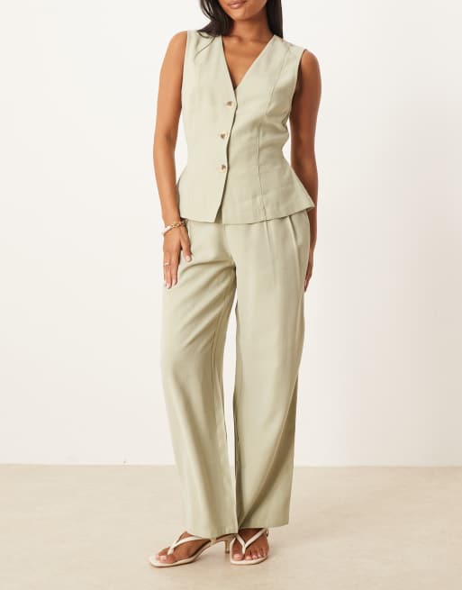 VILA Petite high waisted tailored pants in sage green (Part of a set), 4 of 5