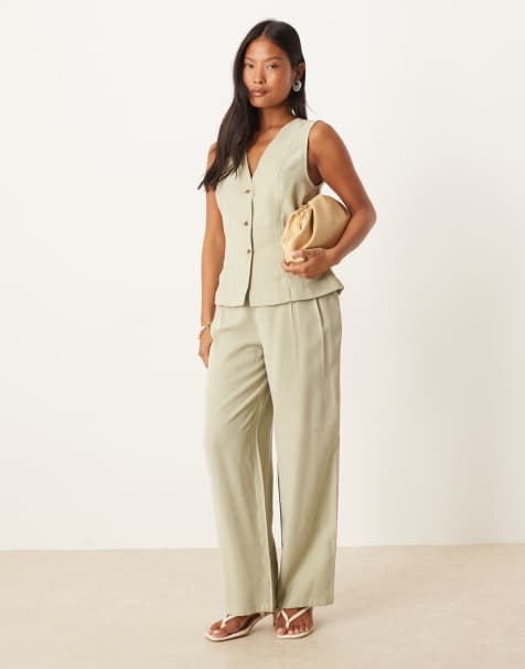 Vila Petite high waisted tailored trouser co-ord in sage green - view 1