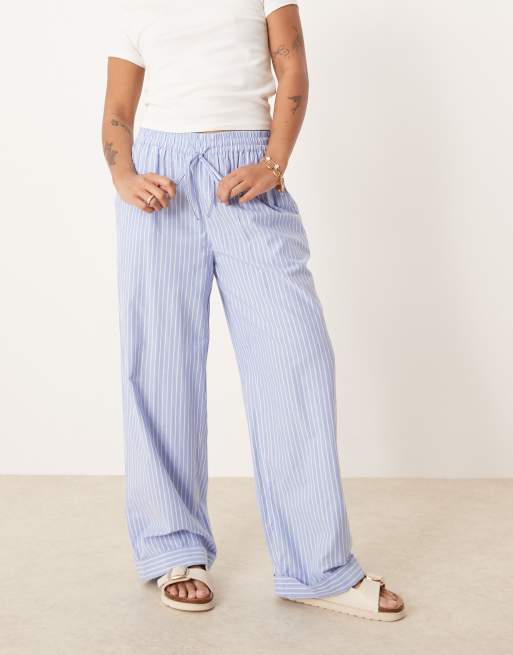 Vila Petite highwaist wide leg stripe dad pant with turn up cuff in blue, 2 of 5