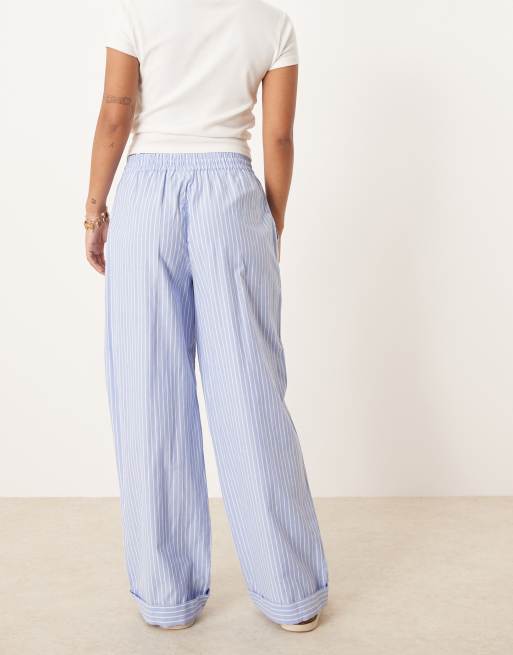 Vila Petite highwaist wide leg stripe dad pant with turn up cuff in blue, 3 of 5