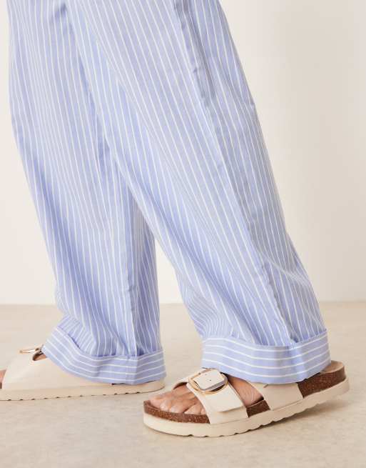 Vila Petite highwaist wide leg stripe dad pant with turn up cuff in blue, 4 of 5