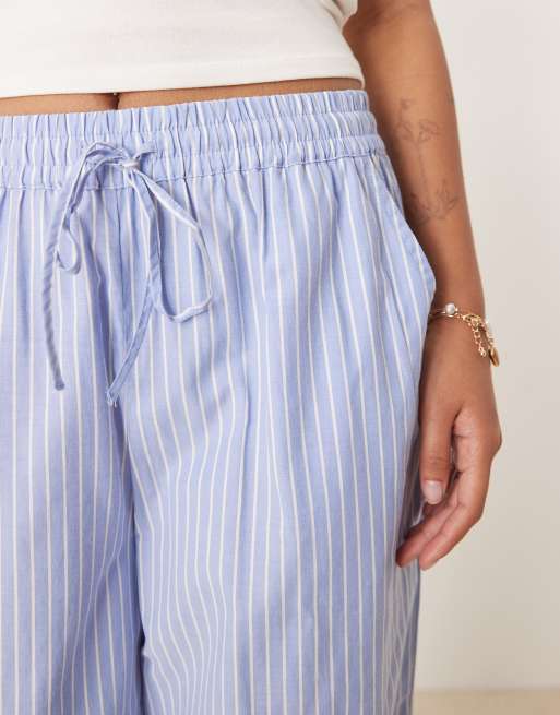 Vila Petite highwaist wide leg stripe dad pant with turn up cuff in blue, 5 of 5