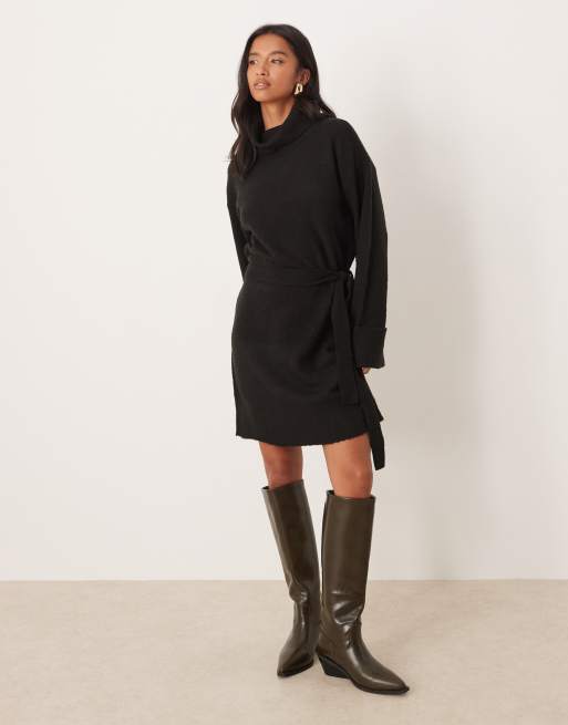 VILA Petite – Hochgeschlossenes Mini-Strickkleid in Schwarz mit Taillenschnürung, 2 von 4