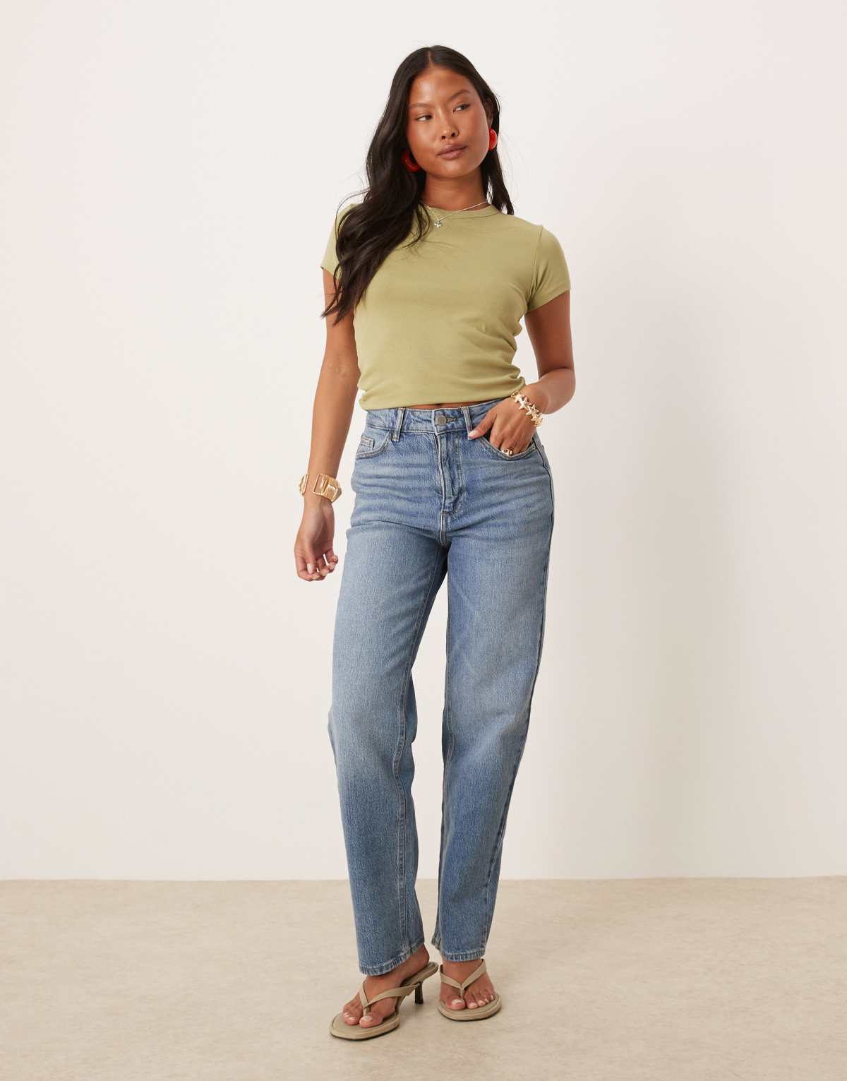 Vila Petite Kelly high waisted wide leg jean in mid blue wash