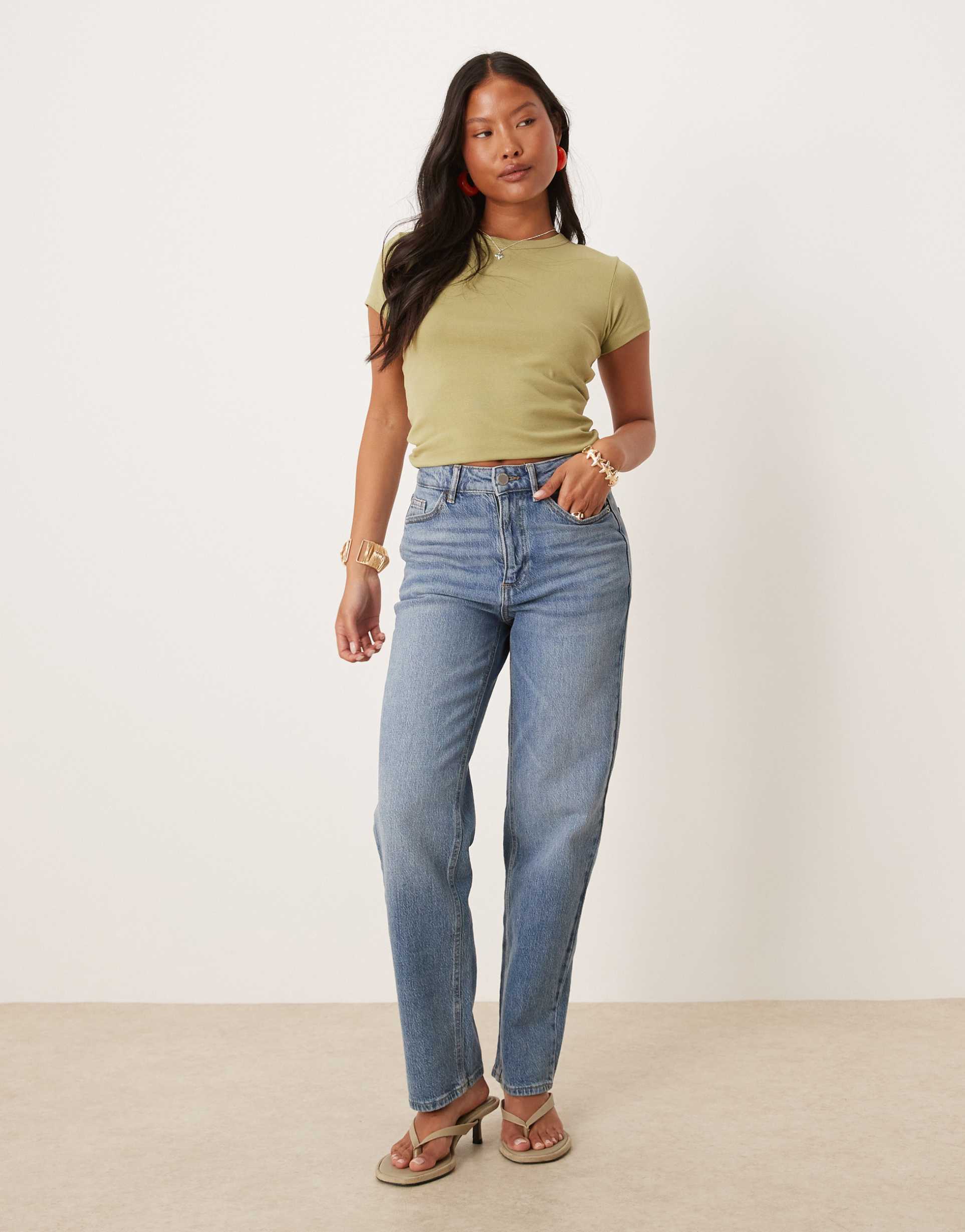vila petite kelly high waisted wide leg jean in mid blue wash