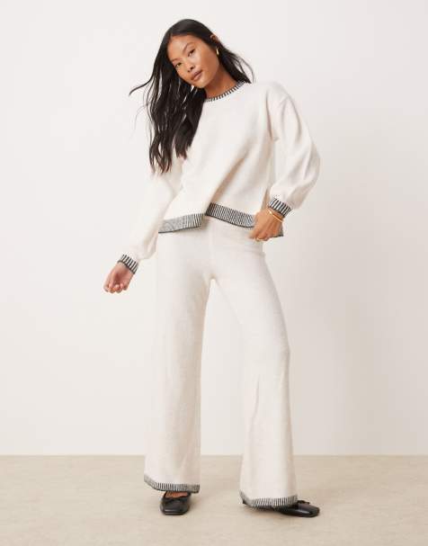 Vila Petite knit oversized sweater and wide leg pants set with contrast stitch in cream - view 1