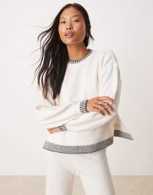 knit oversized sweater with contrast stitch in cream - part of a set-White