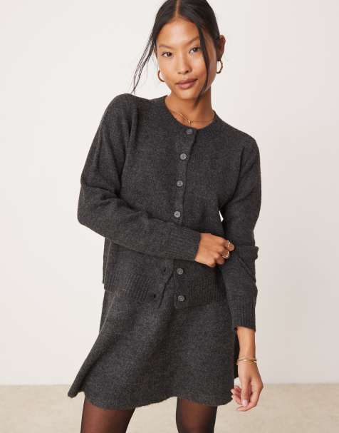 Vila Petite knitted cardigan co-ord in dark grey - view 1
