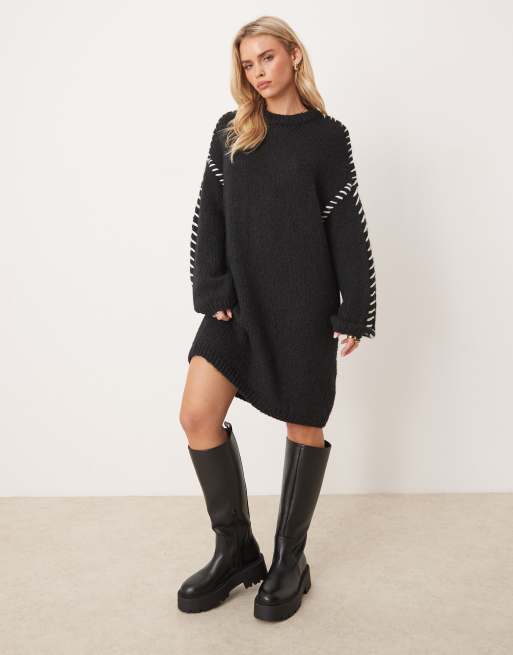 VILA Petite knitted jumper mini dress with contrast stitch in black, 2 of 4