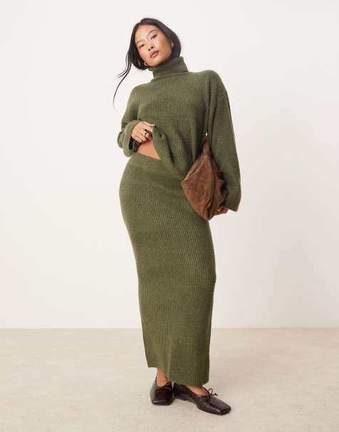 VILA Petite knitted midi skirt in khaki (part of a set) - view 1