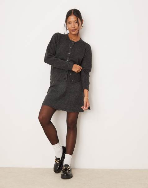 Vila Petite knitted mini skirt co-ord in dark grey - view 1