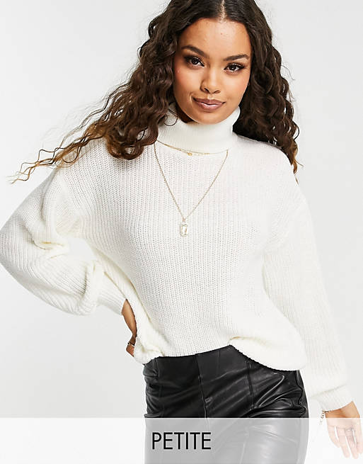 Vila Petite knitted roll neck top with volume sleeves in white