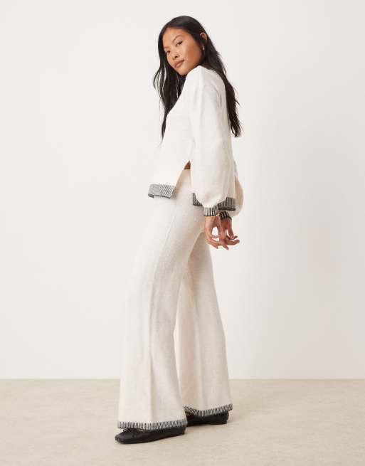 Vila Petite knitted wide leg pants with contrast stitch in cream (part of a set)