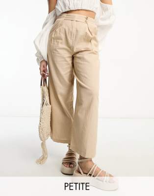 Vila Petite - Leinenartige Hose in Beige mit weitem Bein und Knopflasche-Neutral