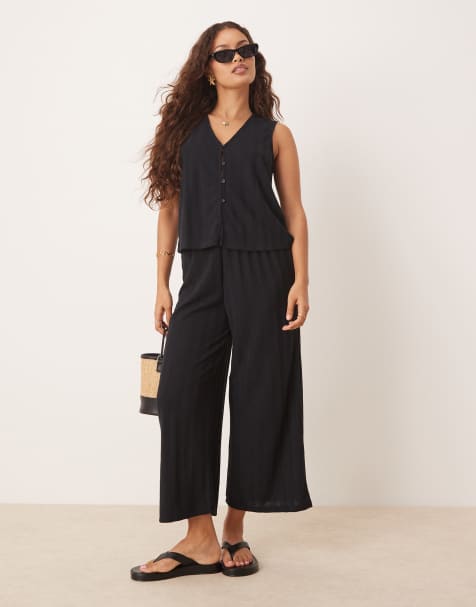 Vila Petite lightweight rib knit sleeveless vest and wide leg pants set in black - view 1