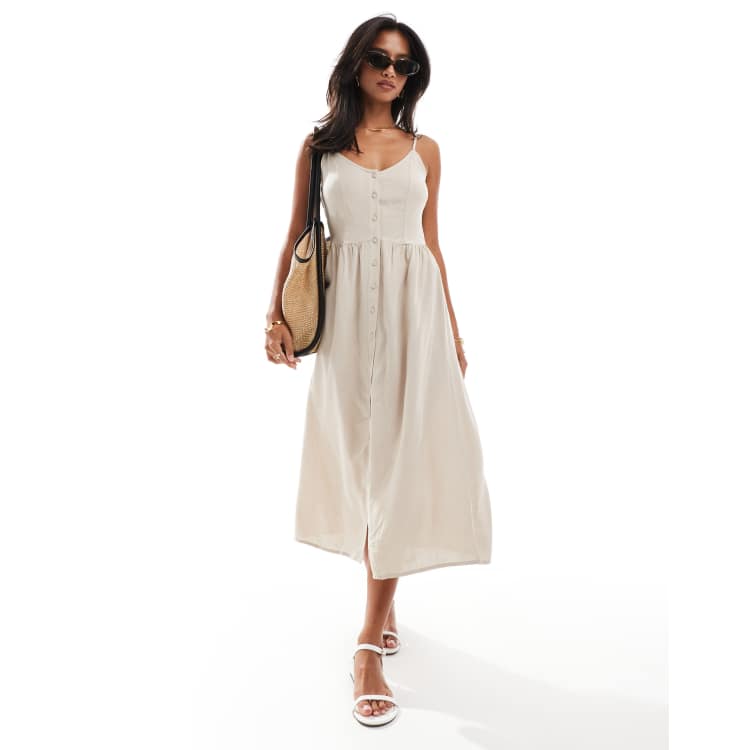 Vila Petite linen mix button up cami midi dress in beige | ASOS