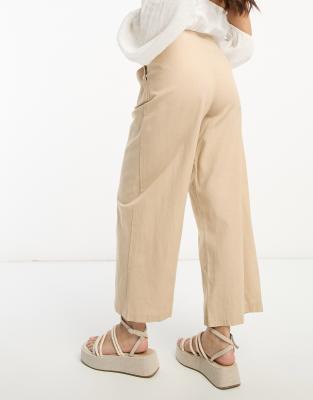 Vila Petite linen-touch button tab wide leg pants in beige