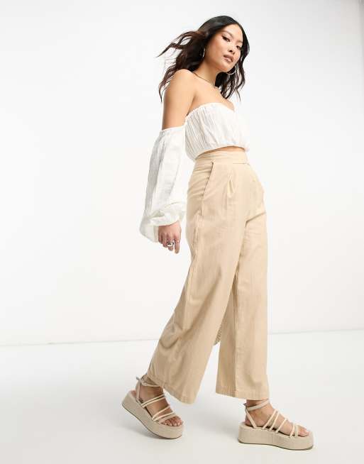 Vila Petite linen-touch button tab wide leg pants in beige | ASOS