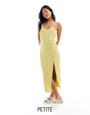 Vila Petite Linen Touch Cami Midi Dress With Slit Front In Pastel Lime-green