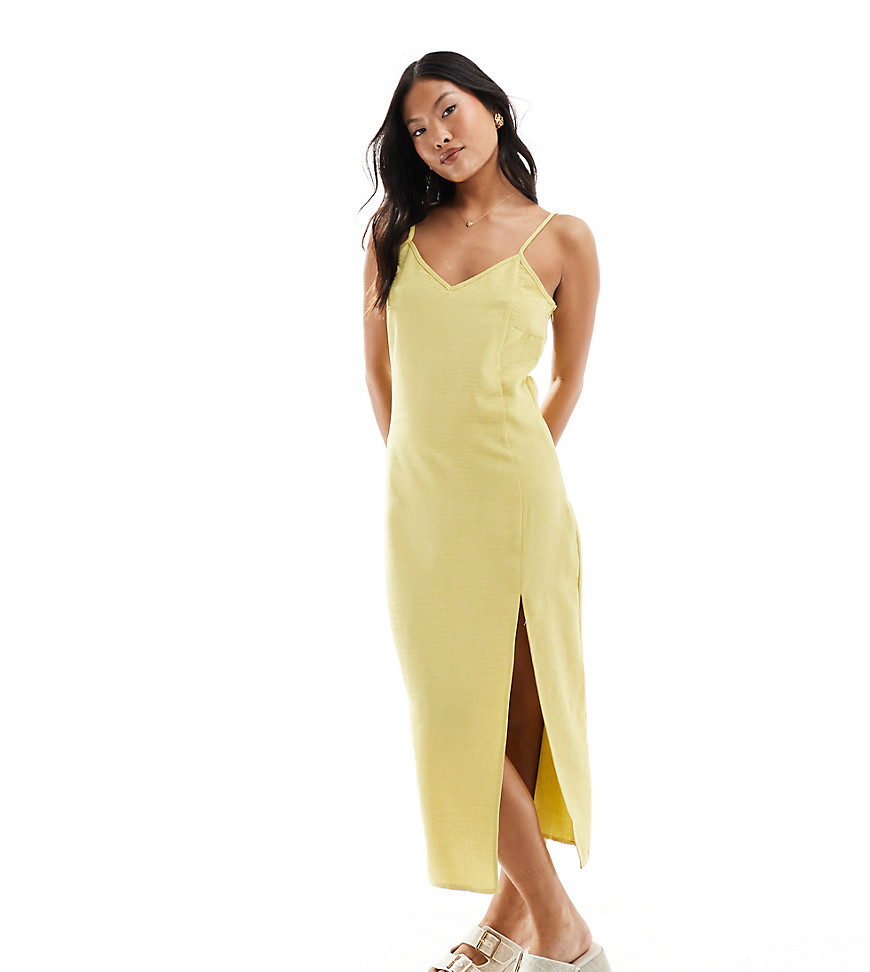 Vila Petite Linen Touch Cami Midi Dress With Slit Front In Pastel Lime-green In Yellow