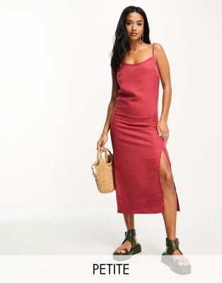 Vila Petite linen touch cami midi dress with slit front in terracotta-Auburn