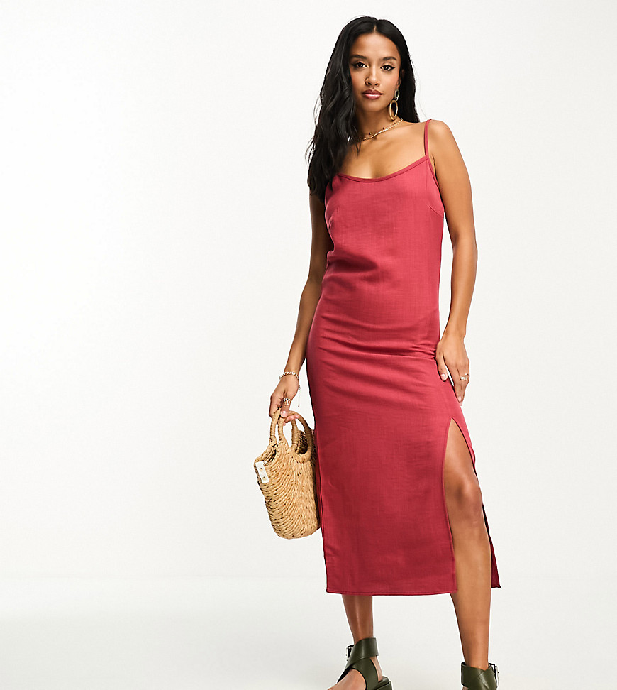 linen touch cami midi dress with slit front in terracotta-Auburn