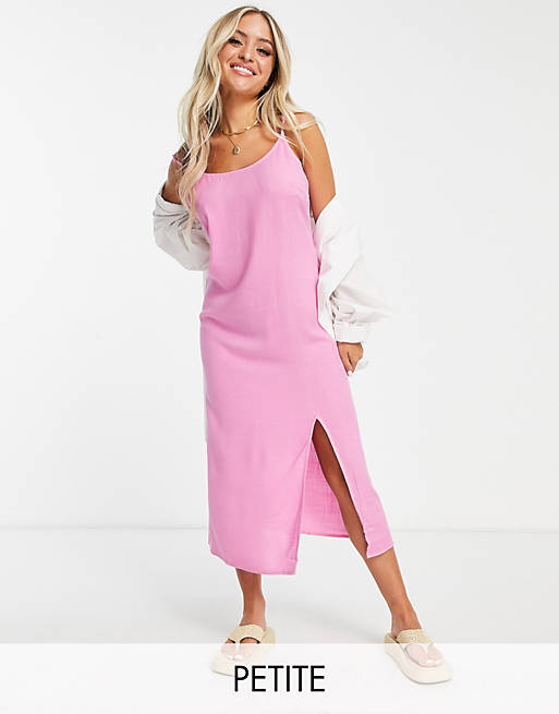 Vila Petite linen touch cami midi dress with slit in pink