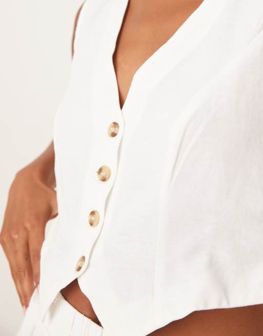 Vila Petite linen touch cropped tailored vest in white - part of a set, 3 of 4