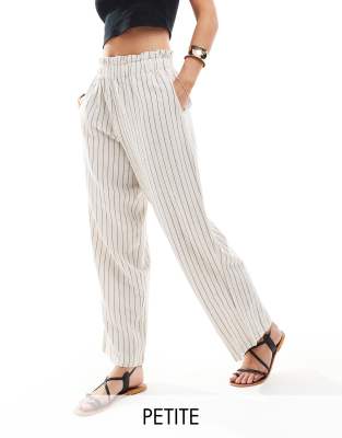 Vila Petite Vila Petite linen touch pinstripe wide leg trousers in cream-White