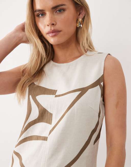 Vila Petite linen touch sleeveless mini dress in brown floral print, 3 of 4